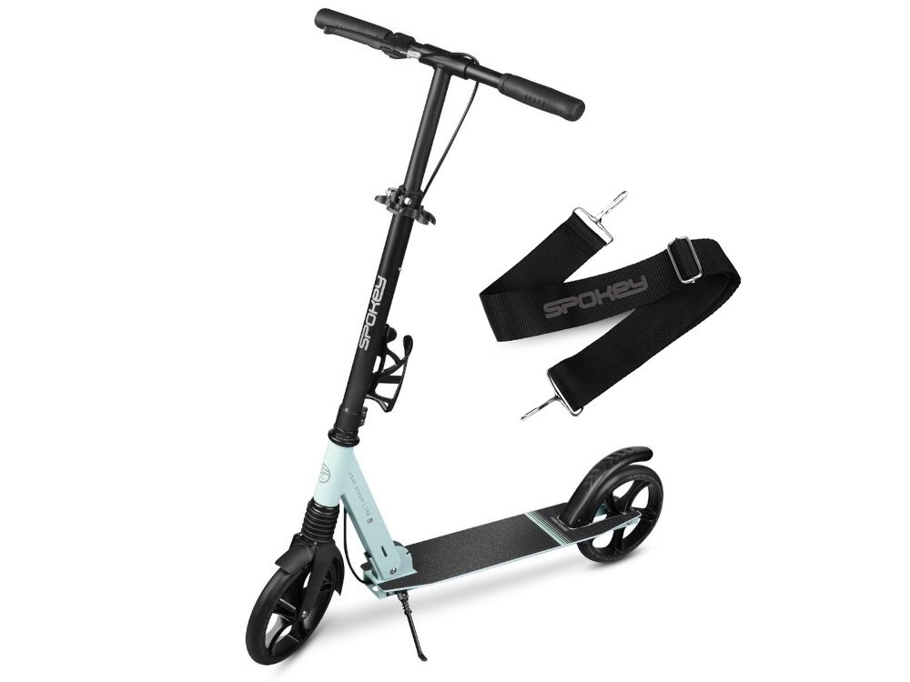 Hulajnoga SPOKEY City Flow 200 Pro Czarno-zielony zestaw na białym tle w zestawie hulajnoga pasek do przenoszenia dokumentacja