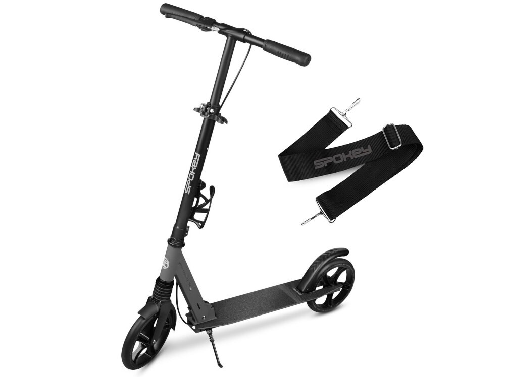 Hulajnoga SPOKEY City Flow 200 Pro Czarno-szary zestaw na białym tle w zestawie hulajnoga pasek do przenoszenia dokumentacja
