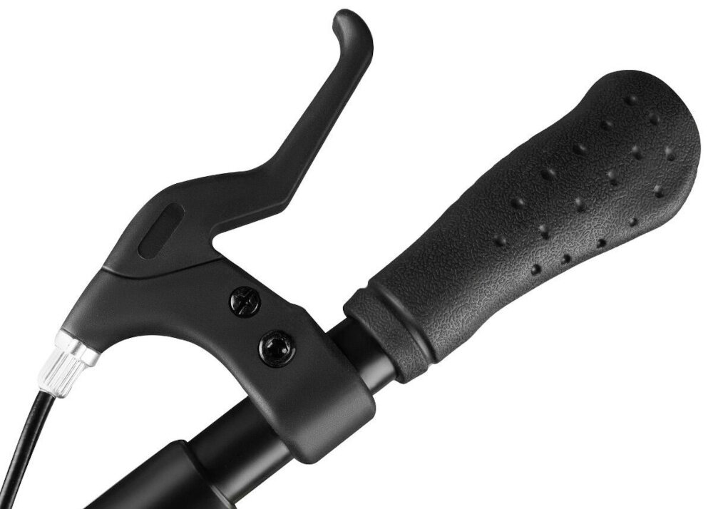 Hulajnoga SPOKEY City Flow 200 Pro Czarno-szary zbliżenie na dźwignię hamulca na kierownicy  podwójny system hamulcowy hamulec ręczny i nożny amortyzator tłumi drgania komfort stabilność bezpieczeństwo ułatwia manewrowanie