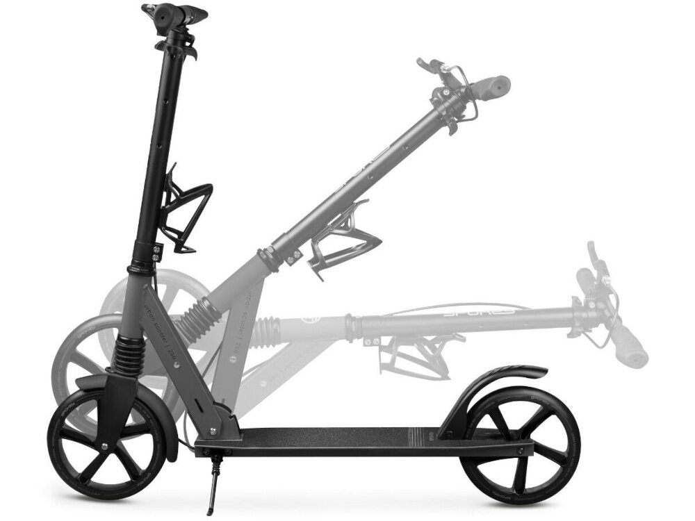 Hulajnoga SPOKEY City Flow 200 Pro Czarno-szary hulajnoga na białym tle widoczna z boku pokazany system składania mechanizm składania lekka konstrukcja waga 4,6 kg pasek transportowy zwiększa mobilność użytkownika po złożeniu zajmuje niewiele miejsca