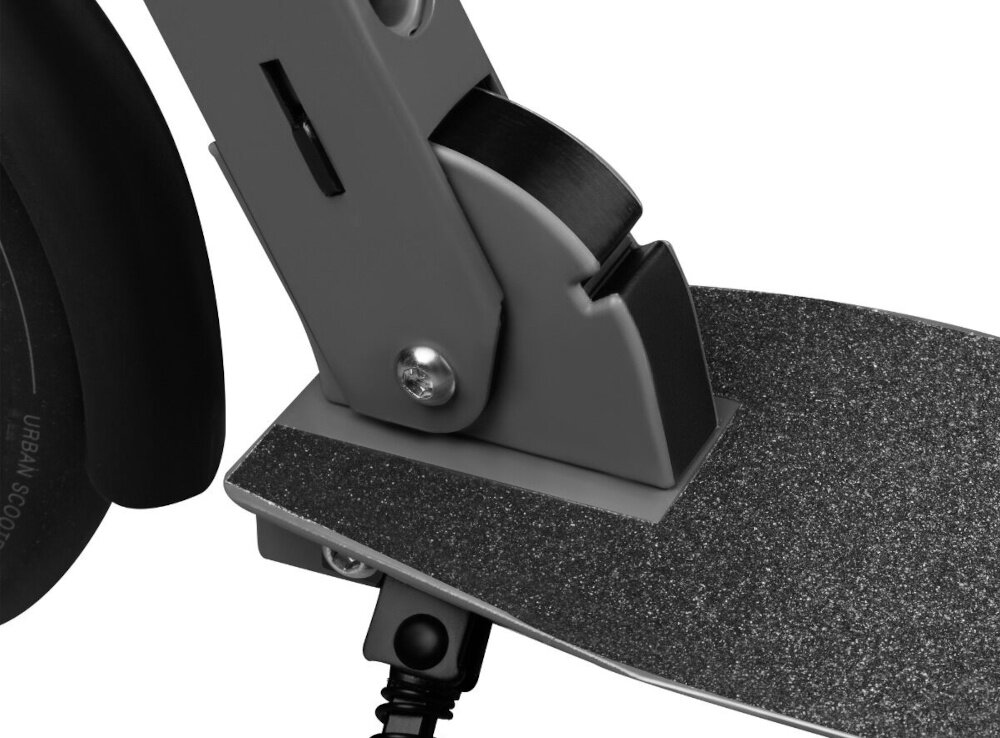 Hulajnoga SPOKEY City Flow 200 Pro Czarno-szary zbliżenie na konstrukcję wykonana z aluminium wytrzymałość maksymalne obciążenie do 100 kg odporna na codzienne użytkowanie łączy stabilność z komfortem przenoszenia