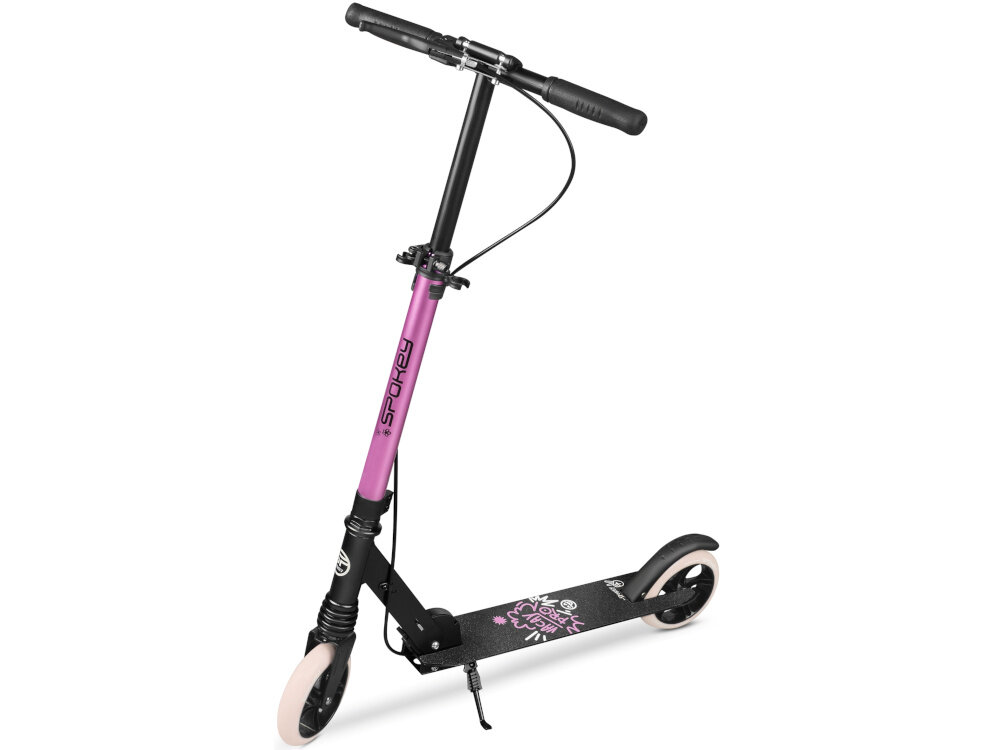 Hulajnoga SPOKEY Vacay Pro Czarno-różowy hulajnoga na białym tle widoczna od przodu pod skosem pasja hobby komfortowa jazda mobilność