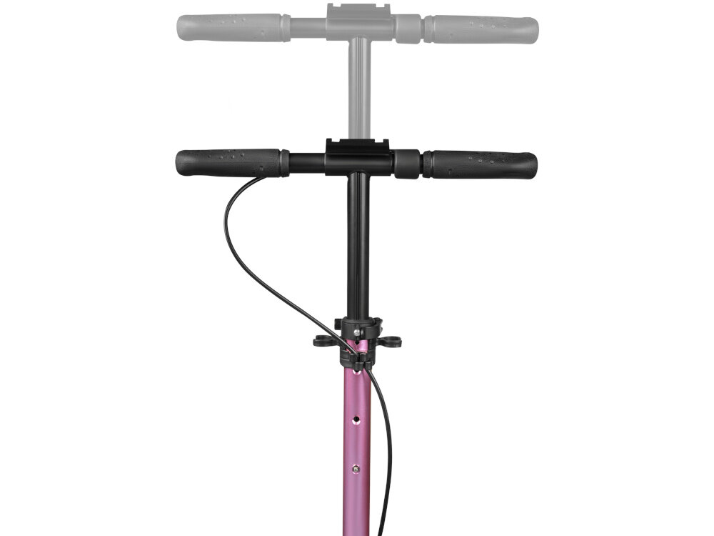 Hulajnoga SPOKEY Vacay Pro Czarno-różowy zbliżenie na kierownicę pokazana możliwość regulacji trzy poziomy wysokości kierownicy zakres regulacji 82–87–93 cm komfort jazdy kontrola nad pojazdem płynne prowadzenie hulajnogi uniwersalność wygoda bezpieczeństwo