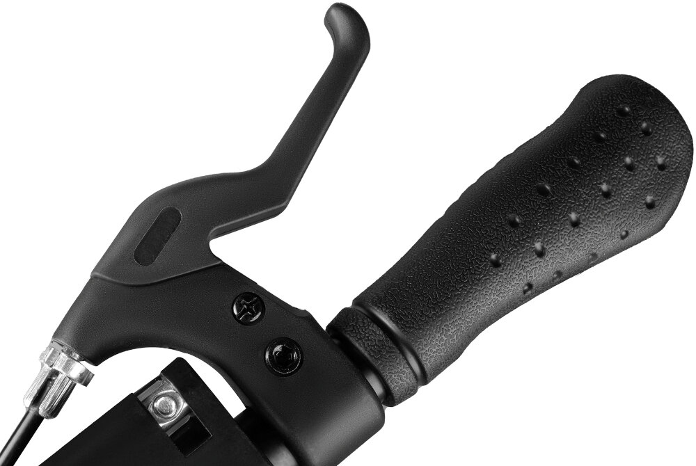 Hulajnoga SPOKEY Vacay Pro Czarno-niebieski zbliżenie na dźwignię hamulca na kierownicy  podwójny system hamulcowy hamulec ręczny i nożny amortyzator tłumi drgania komfort stabilność bezpieczeństwo ułatwia manewrowanie