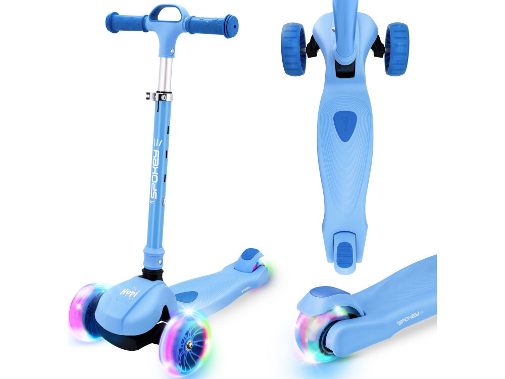 Hulajnoga dla dzieci SPOKEY Hopi Niebieski hulajnoga na białym tle widoczna od przodu pod skosem obok zbliżenie na kółko i deck magia bezpieczna jazda radość aktywność