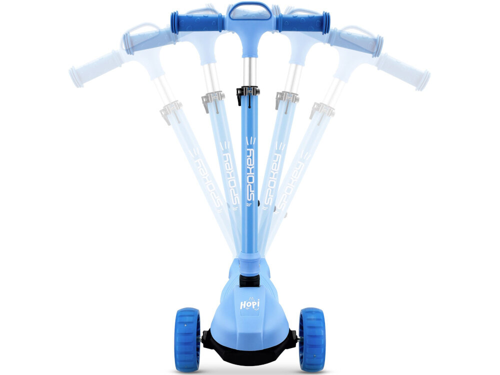Hulajnoga dla dzieci SPOKEY Hopi Niebieski hulajnoga na białym tle widoczna od przodu wyszarzone możliwości balansowania kierownicą intuicyjny system skręcania przez balansowanie ciałem dziecko steruje kierunkiem jazdy ćwiczenie koordynacji refleksu ułatwia pierwsze kroki w nauce jazdy wspiera naturalny rozwój motoryczny balansowy mechanizm kontrola nad ruchem