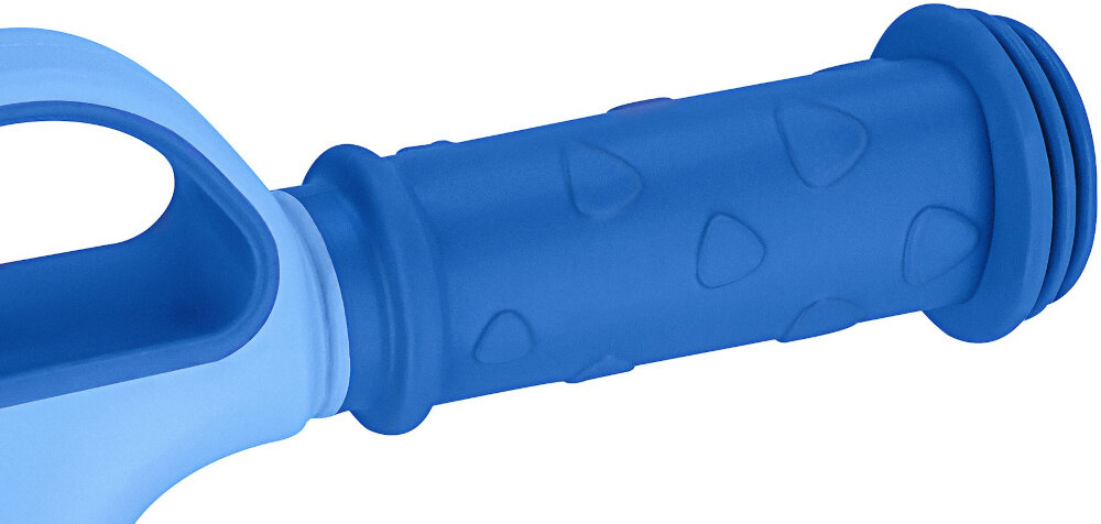 Hulajnoga dla dzieci SPOKEY Hopi Niebieski zbliżenie na uchwyt czterostopniowa regulacja kierownicy zakres regulacji 65–70–75–80 cm sprzęt „rośnie” razem z użytkownikiem antypoślizgowe rączki z tworzywa TPR pewny chwyt bezpieczeństwo ogranicza zmęczenie dłoni