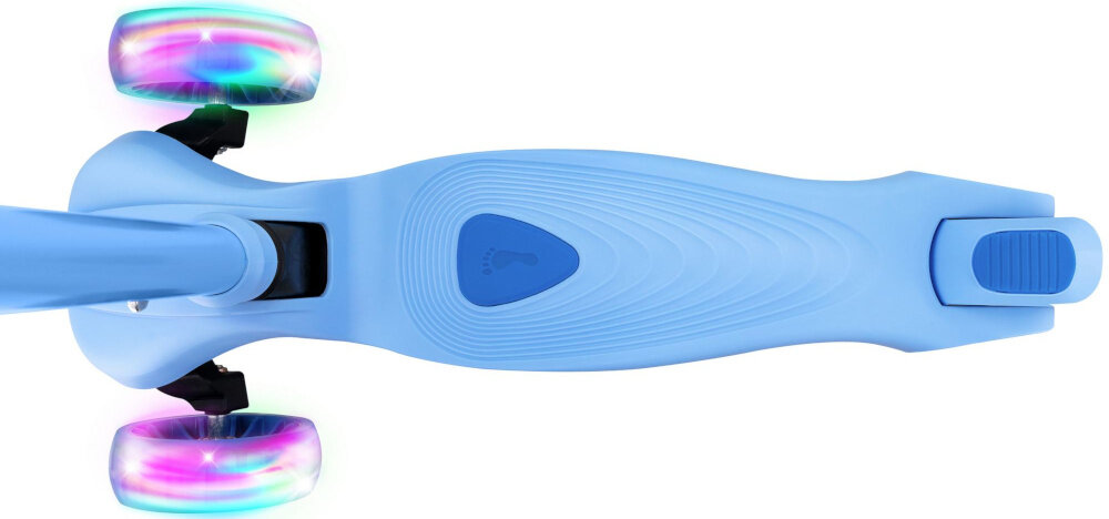 Hulajnoga dla dzieci SPOKEY Hopi Niebieski widok z góry na deck białe tło wspiera rozwój mięśni równowagi i koordynacji sposób na zdrowe spędzanie czasu na świeżym powietrzu bawi uczy rozwija zgodność z normą EN-71