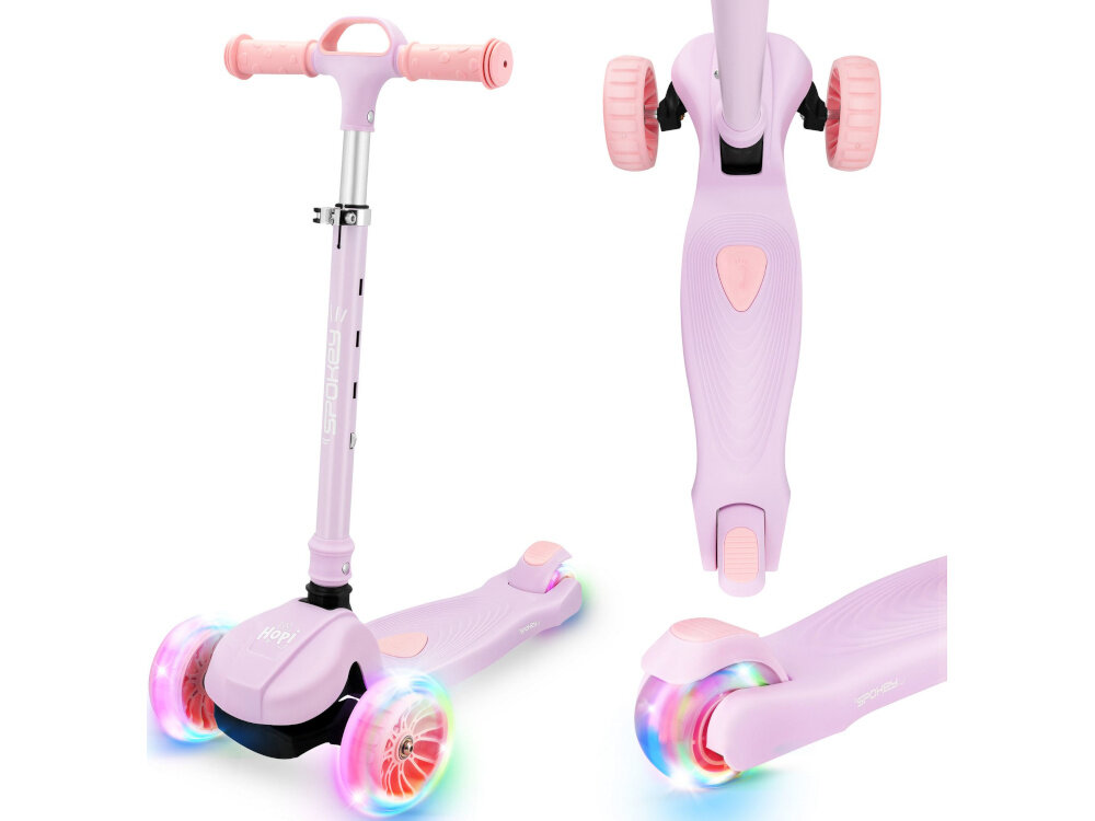 Hulajnoga dla dzieci SPOKEY Hopi Różowy hulajnoga na białym tle widoczna od przodu pod skosem obok zbliżenie na kółko i deck magia bezpieczna jazda radość aktywność