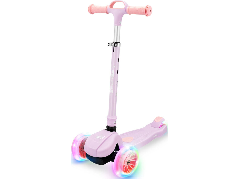 Hulajnoga dla dzieci SPOKEY Hopi Różowy hulajnoga na białym tle widoczna od przodu pod skosem ruch zabawa dla dzieci od 3. roku życia rozwój koordynacji i równowagi stabilna konstrukcja z dwoma przednimi i szerokim tylnym kołem do rekreacyjnej jazdy aktywności samodzielności