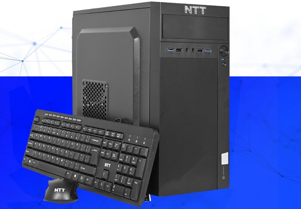 Komputer NTT proDesk ZKO-I512H610-L04HV2 Komputer stacjonarny w czarnej obudowie z widocznym logotypem producenta, ustawiony pionowo obok klawiatury i myszy w tym samym kolorze, opis