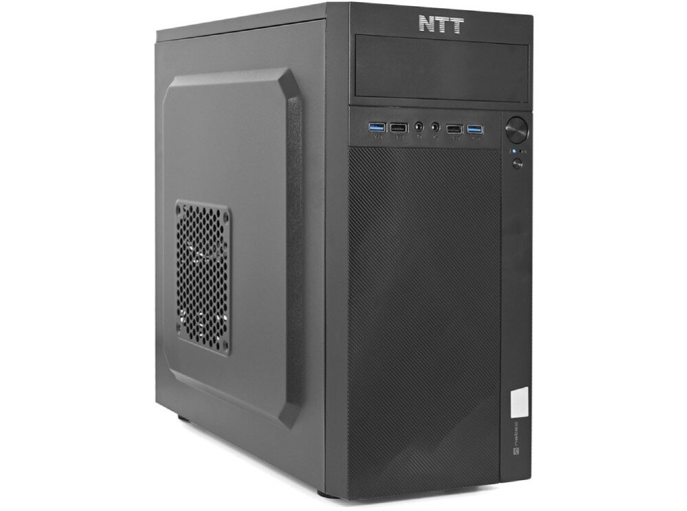 Komputer NTT proDesk ZKO-I712H610-L03PV2 Widok komputera stacjonarnego ustawionego pod kątem, pokazujący lewy bok obudowy z bocznym otworem wentylacyjnym, podzespoły, chipset, chłodzenie, dysk