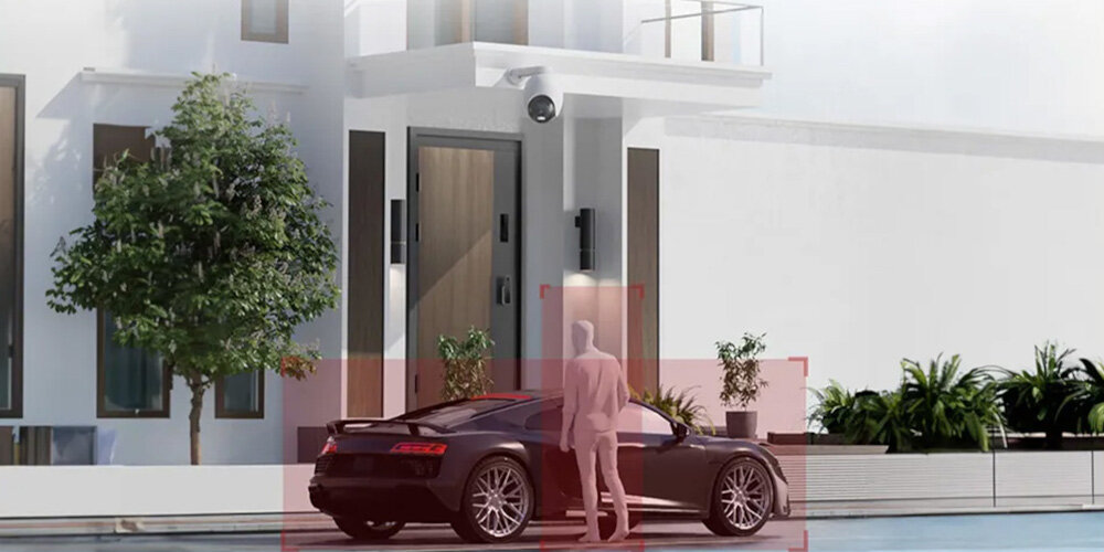 Kamera IMILAB EC6 Zewnętrzna, Wi-Fi, Kamera zarys osoby przed domem przy samochpodzie kamera na elewacji budynku obraz w rozdzielczości 5MP/3K UHD 2960 x 1666 px technologia H.265 efektywna kompresja rzetelna analiza zdarzeń