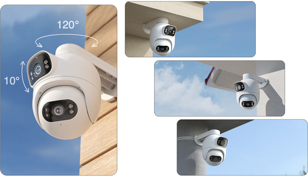 Kamera IMILAB EC6 Dual Zewnętrzna, Wi-Fi, Kamera obrotowa kolaż zdjęć kamera skierowana w różnych kierunkach zaznaczeniem kierunku obrotu mechanizm obrotu o 360° możliwość przechylenia dolnego obiektywu do 135° rejestrację zdarzeń z wielu perspektyw szybka reakcja