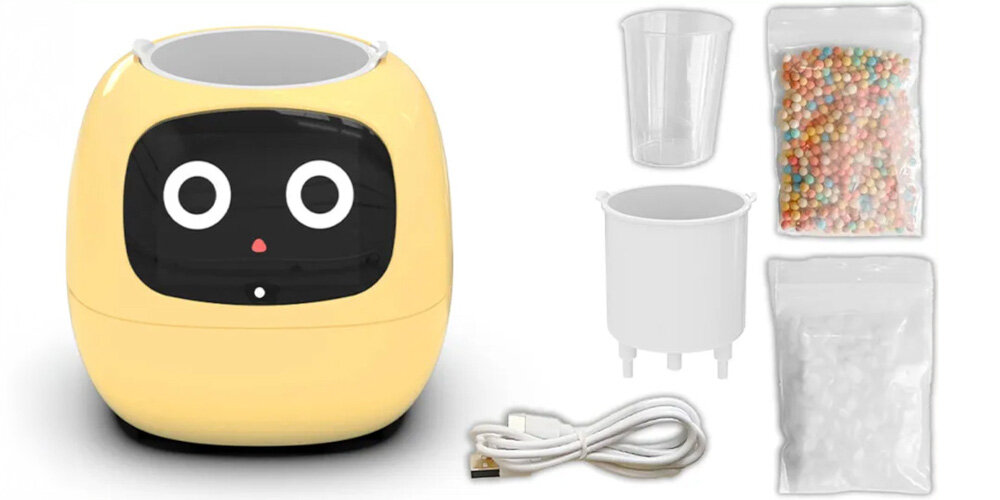 Doniczka inteligentna PLANTSIO IVY Wi-fi Żółty zdjęcie zestawu w zestawie doniczka doniczka wewnętrzna kamienie granulki miarka kabel USB-A/USB-C dokumentacja