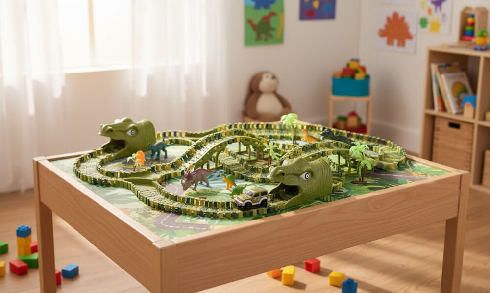 Tor EXTRALINK Park dinozaurów prezentacja toru na stole w pokoju dziecięcym