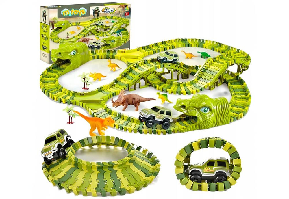 Tor EXTRALINK Park dinozaurów prezentacja zbudowanego toru kartonu oraz możliwych opcji tworzenia konstrukcji na białym tle zestaw konstrukcyjny 240 elementów budowanie wielu kształtów toru rozwijanie wyobraźni