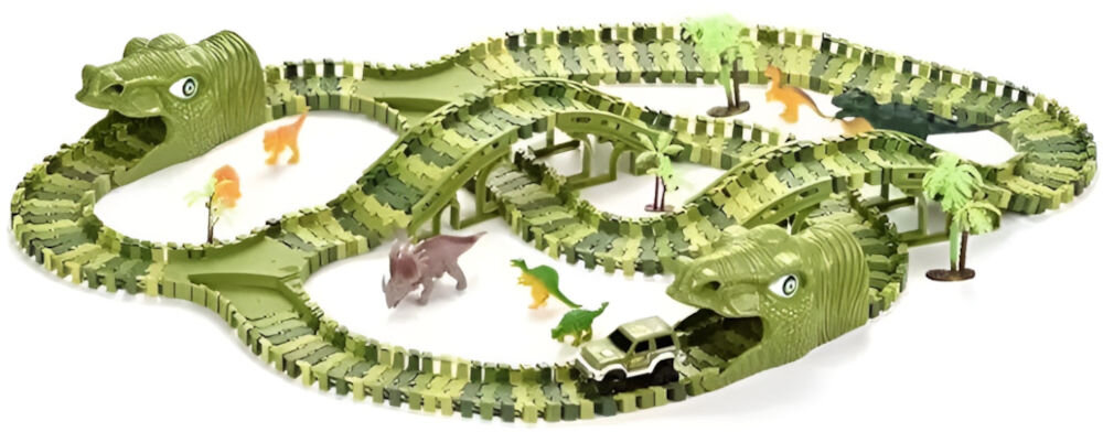 Tor EXTRALINK Park dinozaurów prezentacja zbudowanego toru na białym tle spędzenie czasu razem z dzieckiem wzmocnienie więzi rozwój zdolności manualnych mnóstwo radości