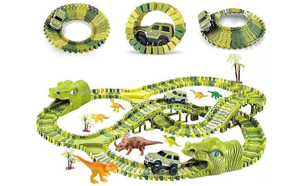 Tor EXTRALINK Park dinozaurów prezentacja zbudowanego toru wraz z możliwymi konstrukcjami do stworzenia na białym tle wzbogacenie sesji zabawy figurki dinozaurów palmy mosty zwrotnice tunele rozwój wyobraźni