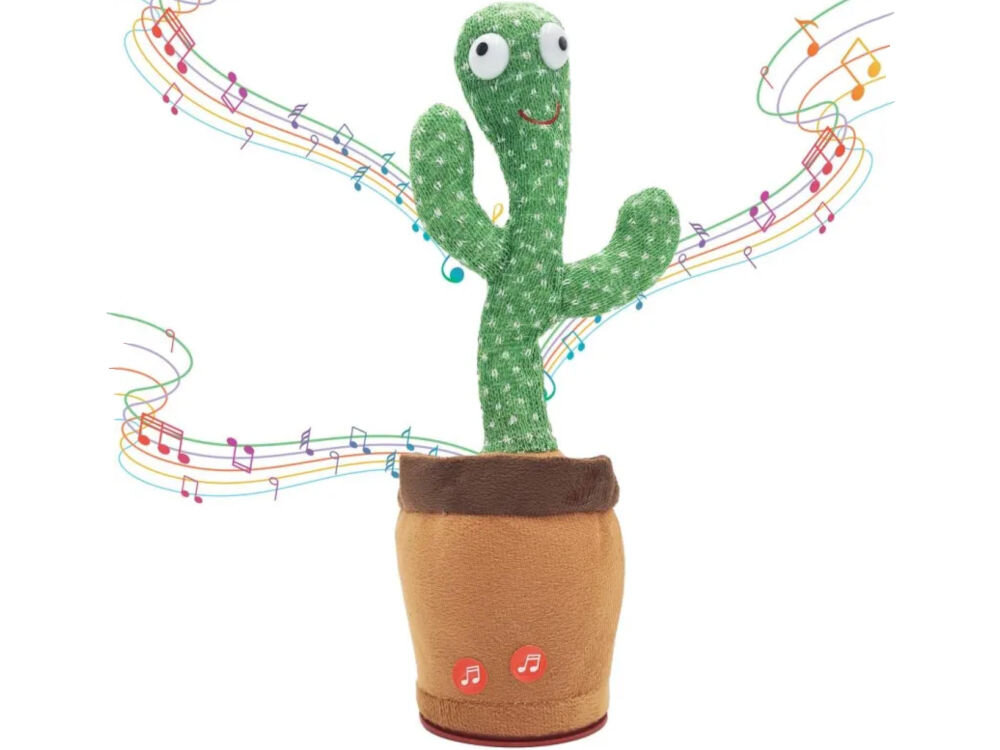 Zabawka interaktywna EXTRALINK Kaktus EX.24244 Interaktywny kaktus w brązowej doniczce z widocznymi czerwonymi przyciskami muzycznymi, przedstawiony na tle kolorowych linii z nutami.