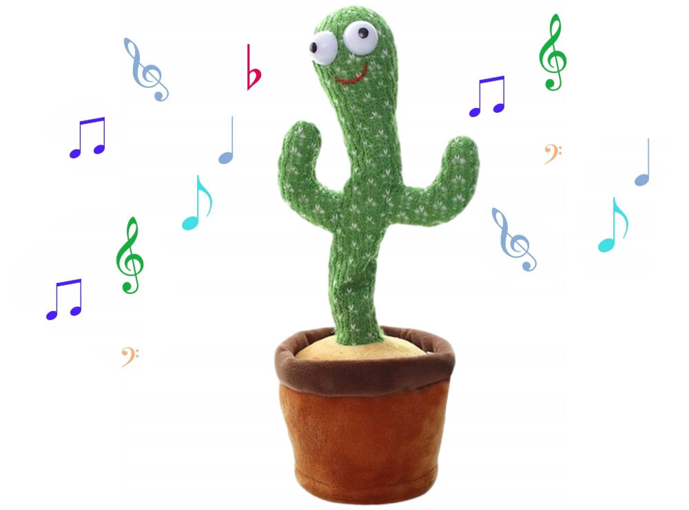 Zabawka interaktywna EXTRALINK Kaktus EX.24244 Pluszowa zabawka tańczący kaktus w dynamicznej pozie, umieszczona na białym tle z radosnymi symbolami muzycznymi.