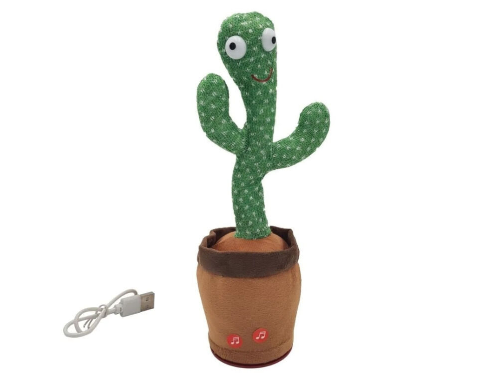 Zabawka interaktywna EXTRALINK Kaktus EX.24244 Zabawka tańczący kaktus wraz z dołączonym białym kablem USB do ładowania, pokazująca gotowy do użycia zestaw elektroniczny.