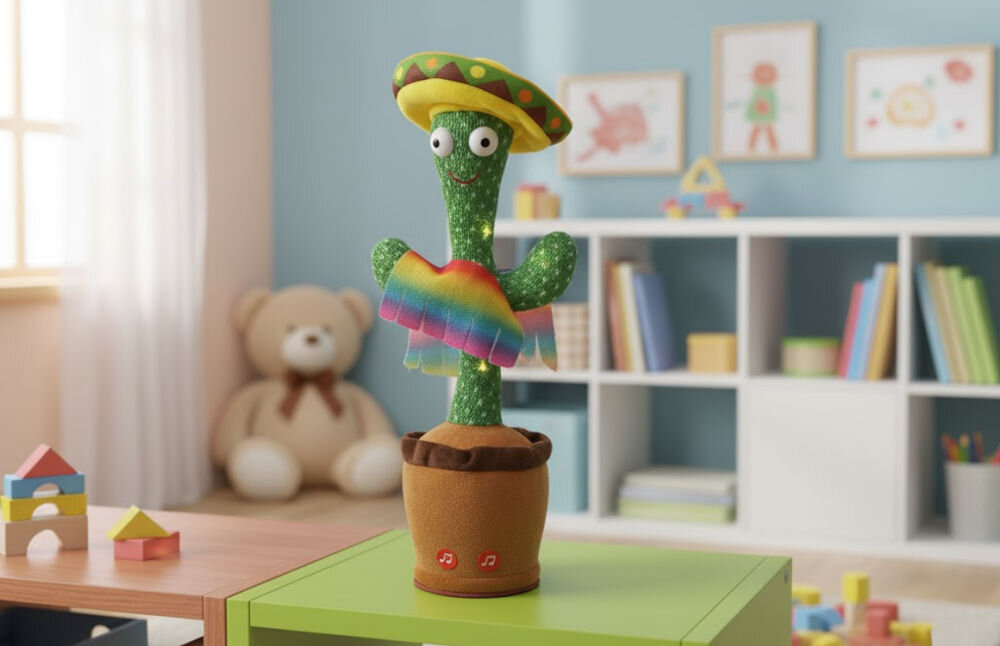 Zabawka interaktywna EXTRALINK Kaktus z sombrero EX.24237 prezentacja zabawki w pokoju dziecięcym na stoliku