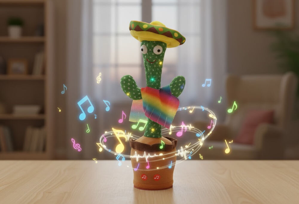 Zabawka interaktywna EXTRALINK Kaktus z sombrero EX.24237 prezentacja zabawki na stole w pokoju z nutami imitującymi dźwięki bawi tańczy śpiewa wiele godzin rozrywki domowa gwiazda