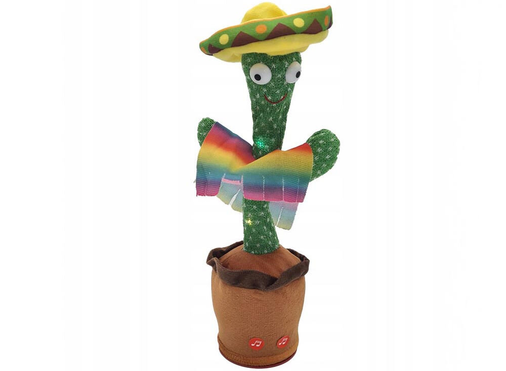 Zabawka interaktywna EXTRALINK Kaktus z sombrero EX.24237 prezentacja zabawki na białym tle dynamiczne diody LED synchronizacja z ruchem różnorodne dźwięki funkcja powtarzania personalizacja zabawy