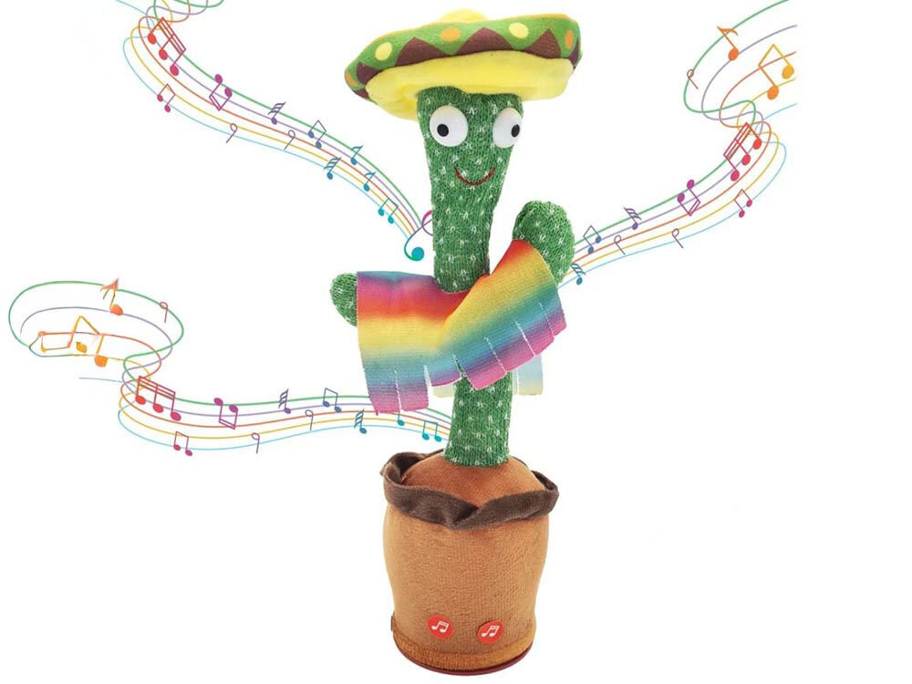 Zabawka interaktywna EXTRALINK Kaktus z sombrero EX.24237 prezentacja zabawki na białym tle z nutami imitującymi dźwięk zdolność do naśladowania dźwięków i słów powtarza usłyszane nagranie trwające maksymalnie 5 sekund zachęcenie dziecka do ćwiczenia mowy