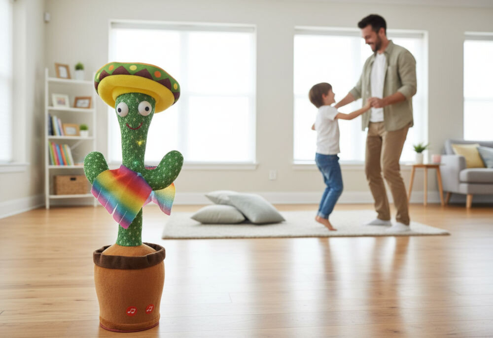 Zabawka interaktywna EXTRALINK Kaktus z sombrero EX.24237 prezentacja zabawki w jasnym pokoju na podłodze w tle mężczyzna z dzieckiem tańczący integracja rodziny tworzenie śmiesznych komunikatów dialogów zacieśnienie więzi