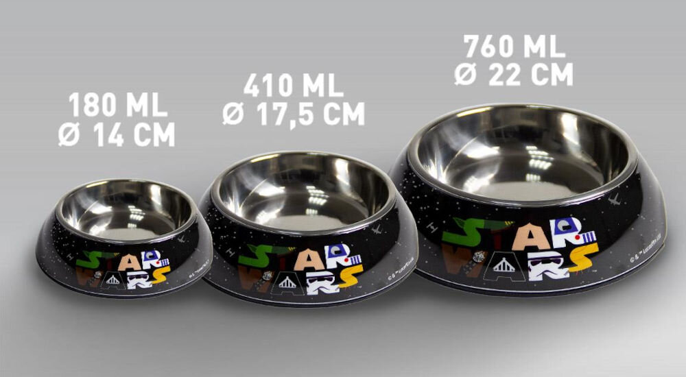 Miska dla psa CERDA Star Wars z antypoślizgową podstawą, stabilna miska na karmę i wodę, zapobiega przesuwaniu, czystość w domu - Na zdjęciu znajdują się trzy metalowe miski dla psa z motywem star wars. Obok każdej miski widnieją napisy: 180 ML Ø 14 CM, 410 ML Ø 17,5 CM oraz 760 ML Ø 22 CM