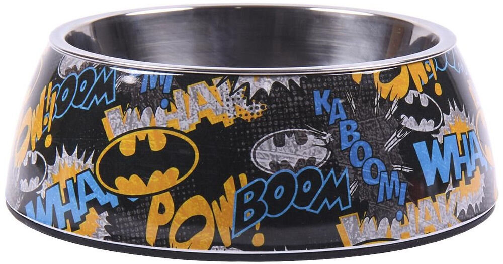Miska dla psa CERDA Batman z antypoślizgową podstawą, stabilna miska na karmę i wodę, zapobiega przesuwaniu, czystość w domu - Miska dla psa z motywem komiksowym, ozdobiona kolorowymi napisami takimi jak BOOM, POW, KABOOM oraz logo Batmana. Wnętrze miski jest metaliczne, a zewnętrzna część ma czarne tło z żółtymi, niebieskimi i białymi elementami.