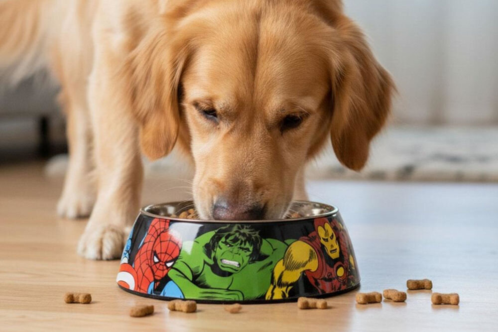 Miska dla psa CERDA Marvel, stylowy posiłek superbohatera, żywe kolory, licencjonowany produkt MARVEL Comics - Na zdjęciu widoczna jest pies jedzący z miski z motywem postaci z komiksów Marvel, obok której leży rozsypana karma sucha. Podłoga jest drewniana