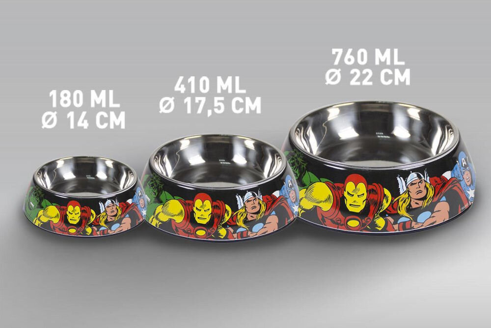 Miska dla psa CERDA Marvel z antypoślizgową podstawą, stabilna miska na karmę i wodę, zapobiega przesuwaniu, czystość w domu - Na zdjęciu znajdują się trzy metalowe miski dla psa z kolorowymi grafikami postaci z komiksów. Obok każdej miski widnieją napisy: 180 ML Ø 14 CM, 410 ML Ø 17,5 CM oraz 760 ML Ø 22 CM