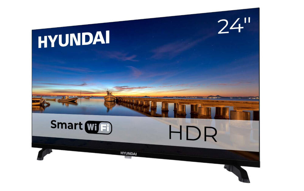 Telewizor HYUNDAI HLM24TS500 - Bogaty dźwięk przestrzenny, telewizor na białym tle po skosie