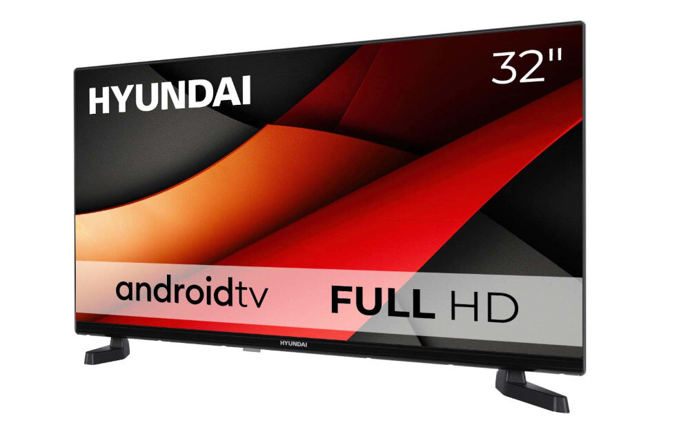Telewizor HYUNDAI FLA32450 - Smart TV z Androidem, telewizor na białym tle po skosie