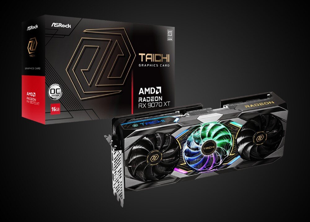 Karta graficzna ASROCK Radeon RX 9070 XT Taichi OC 16GB Karta graficzna z trzema wentylatorami i podświetleniem obok czarnego pudełka z napisami na ciemnoszarym tle, opis