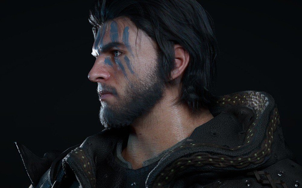 Karta graficzna ASROCK Radeon RX 9070 XT Taichi OC 16GB Realistyczny model 3D postaci z gry wideo z niebieskim malunkiem na twarzy, widoczny z profilu na czarnym tle, technologie, Ray Tracing