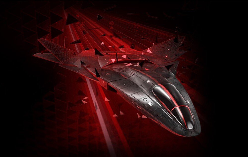 Karta graficzna ASROCK Radeon RX 9070 XT Taichi OC 16GB Futurystyczny, czarno-czerwony statek kosmiczny w ruchu, rozpadający się na fragmenty na czarnym tle z czerwonymi smugami światła, oprogramowanie, funkcje