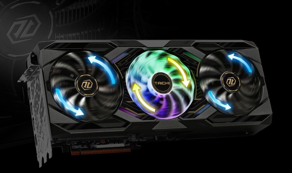 Karta graficzna ASROCK Radeon RX 9070 XT Taichi OC 16GB Karta graficzna z trzema wentylatorami, gdzie środkowy wentylator jest podświetlony i obraca się w przeciwnym kierunku niż dwa zewnętrzne, co wskazują strzałki, wentylatory, tryb półpasywny