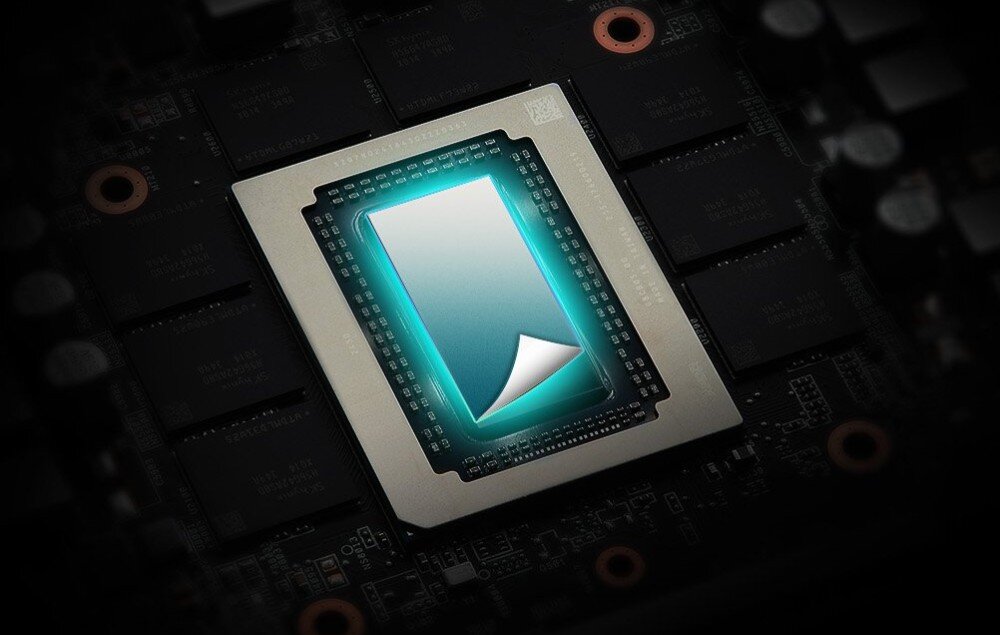 Karta graficzna ASROCK Radeon RX 9070 XT Taichi OC 16GB Zbliżenie na procesor graficzny, na który nakładany jest termopad, w otoczeniu kości pamięci na płytce PCB, termopad Honeywell, dokręcenie śrub