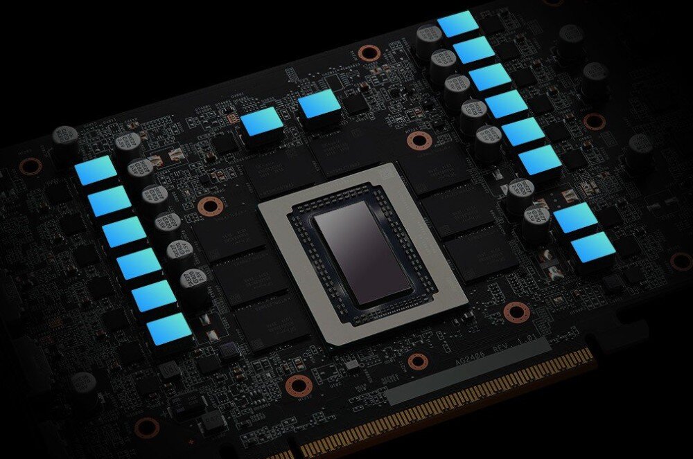 Karta graficzna ASROCK Radeon RX 9070 XT Taichi OC 16GB Płytka PCB karty graficznej z procesorem w centrum i podświetlonymi na niebiesko komponentami sekcji zasilania, układ zasilania, dławiki