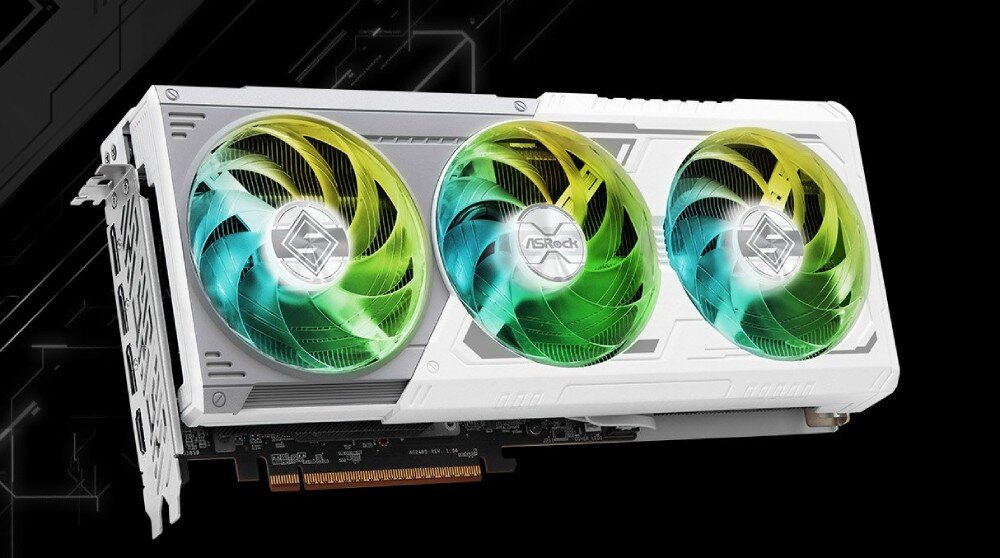 Karta graficzna ASROCK Radeon RX 9070 XT Steel Legend 16GB Biała karta graficzna z trzema wentylatorami o kolorowych łopatkach w odcieniach zieleni, błękitu i żółci. Na środku każdego wentylatora widoczne logo producenta, opis
