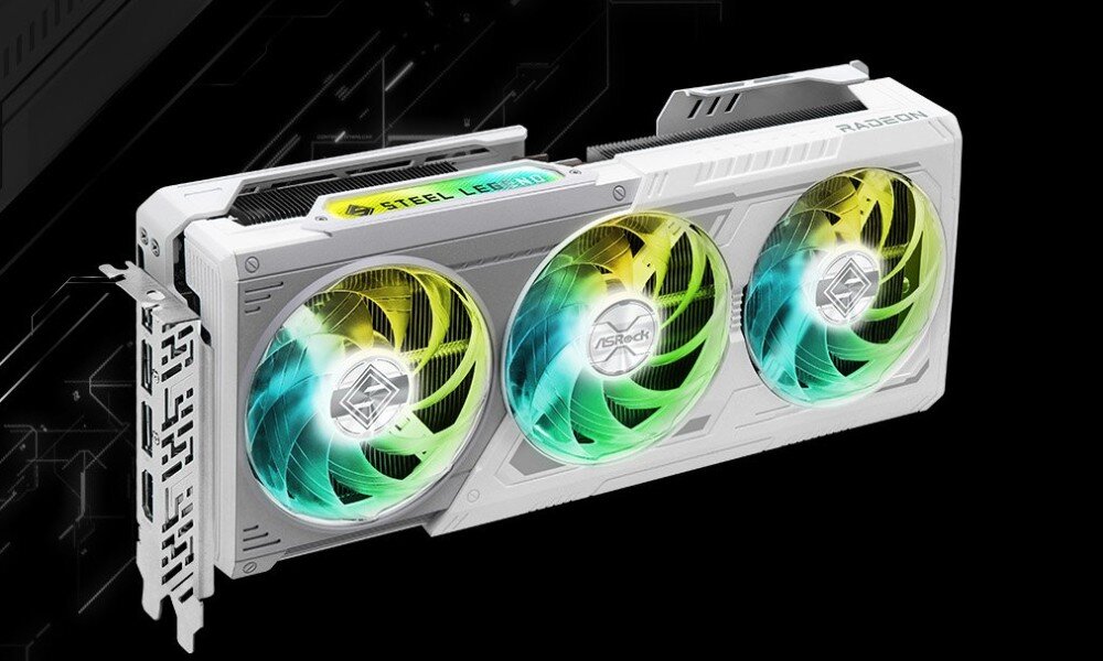 Karta graficzna ASROCK Radeon RX 9070 XT Steel Legend 16GB Skośny widok całej karty graficznej z trzema wentylatorami i podświetlanym napisem 'Steel Legend'. Obudowa w kolorze białym z geometrycznymi akcentami, porty, złącza, rozdzielczość, monitory