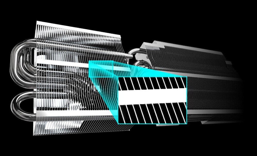 Karta graficzna ASROCK Radeon RX 9070 XT Steel Legend 16GB Zbliżenie na aluminiowe żeberka radiatora i rurki cieplne. Jedna sekcja żeberka jest wyróżniona niebieską ramką, rurki cieplne, radiator, podstawa