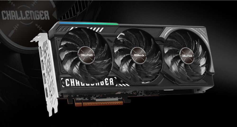 Karta graficzna ASROCK Radeon RX 9070 Challenger 16GB Karta graficzna widoczna w perspektywie na ciemnym tle z dużym logo serii w tle, eksponująca system chłodzenia