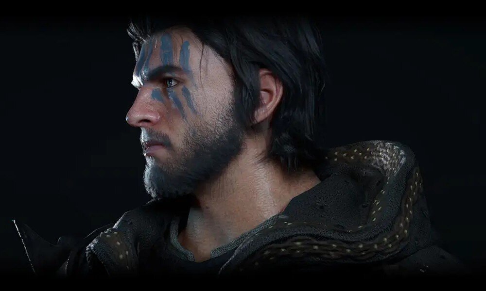 Karta graficzna ASROCK Radeon RX 9070 Challenger 16GB Profil twarzy realistycznej postaci z gry wideo z zarostem i niebieskimi barwami wojennymi na skórze