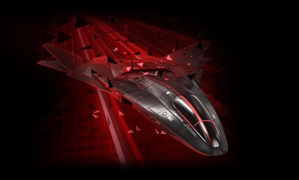 Karta graficzna ASROCK Radeon RX 9070 Challenger 16GB Futurystyczny statek kosmiczny o ostrych kształtach w kolorystyce czarno-czerwonej lecący na ciemnym tle