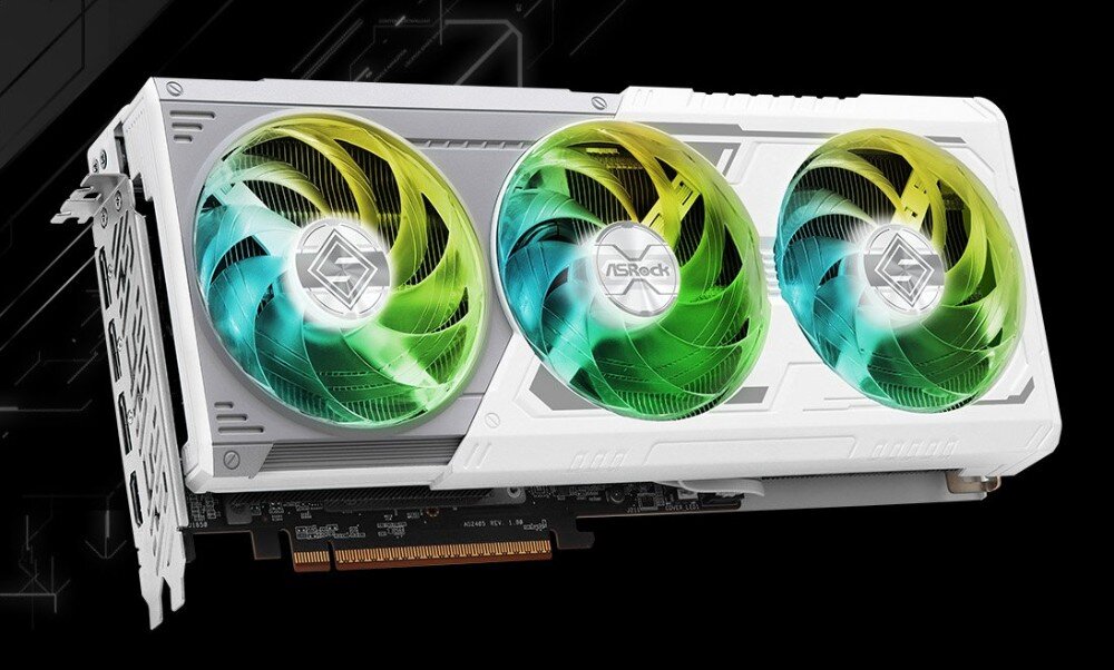 Karta graficzna ASROCK Radeon RX 9070 Steel Legend OC 16GB Biała karta graficzna z trzema wentylatorami o kolorowych łopatkach w odcieniach zieleni, błękitu i żółci. Na środku każdego wentylatora widoczne logo producenta, opis